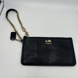 Coach Black Leather Wallet Wristlet With Chain And Purple Satin Interior Chain